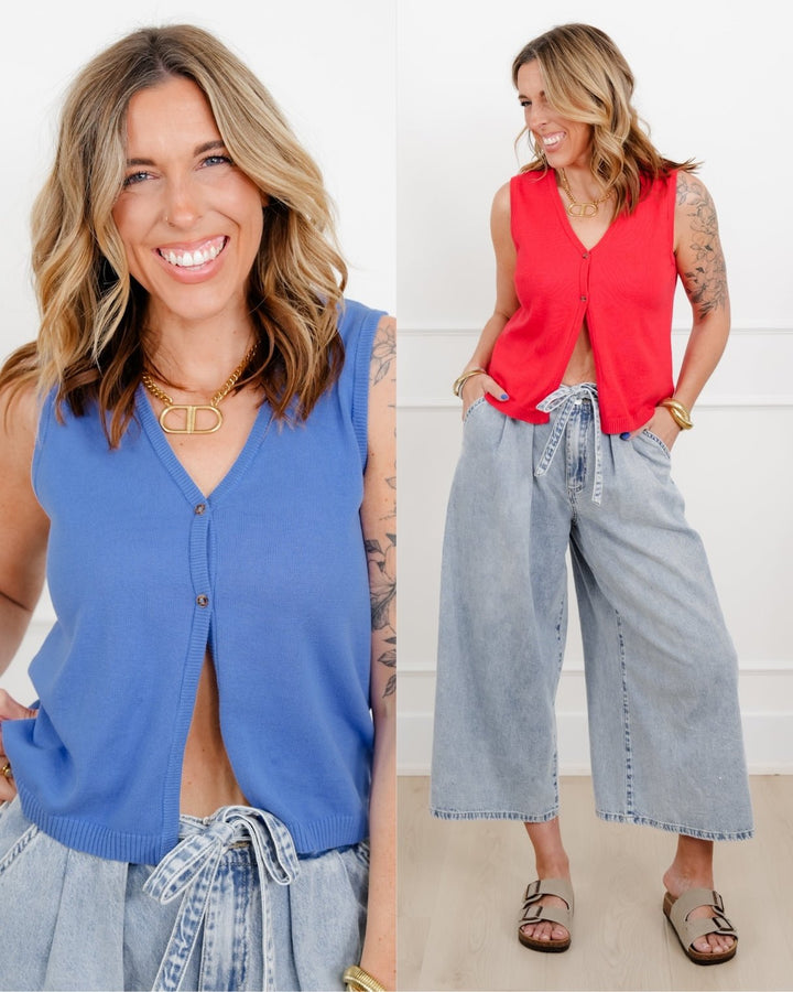 Sleeveless V Neck Button Down Sweater Vest - Freckled Poppy