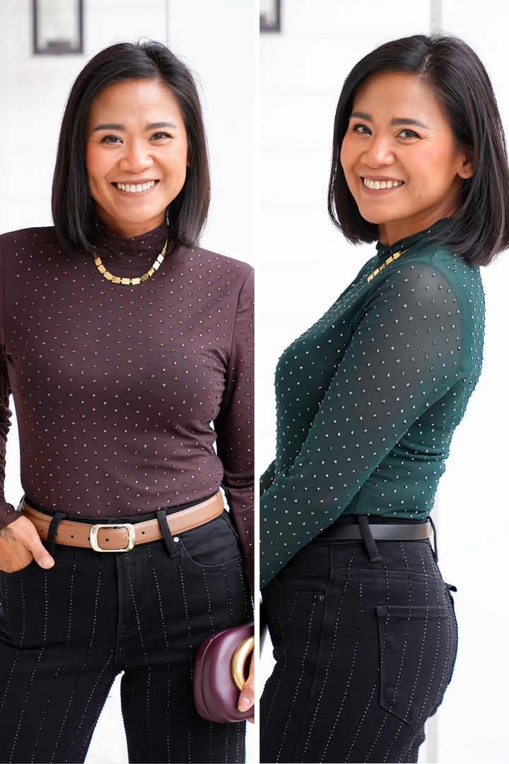 Mesh Long Sleeve Mock Neck Top with Crystals