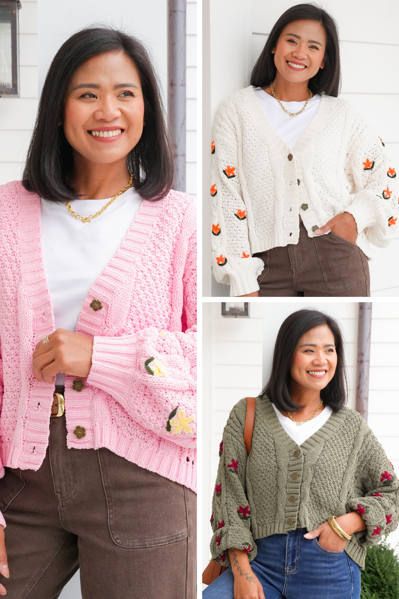 POL Floral Embroidered Long Sleeve Button Up Sweater