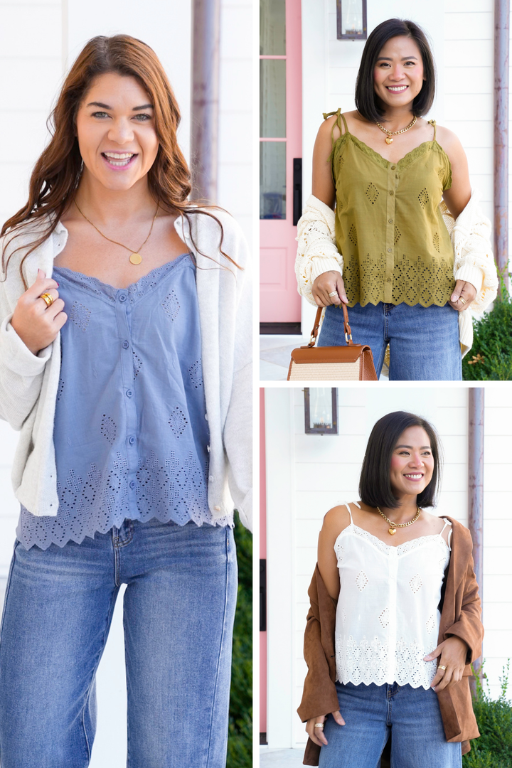 Eyelet Embroidery Sleeveless Button Down Top