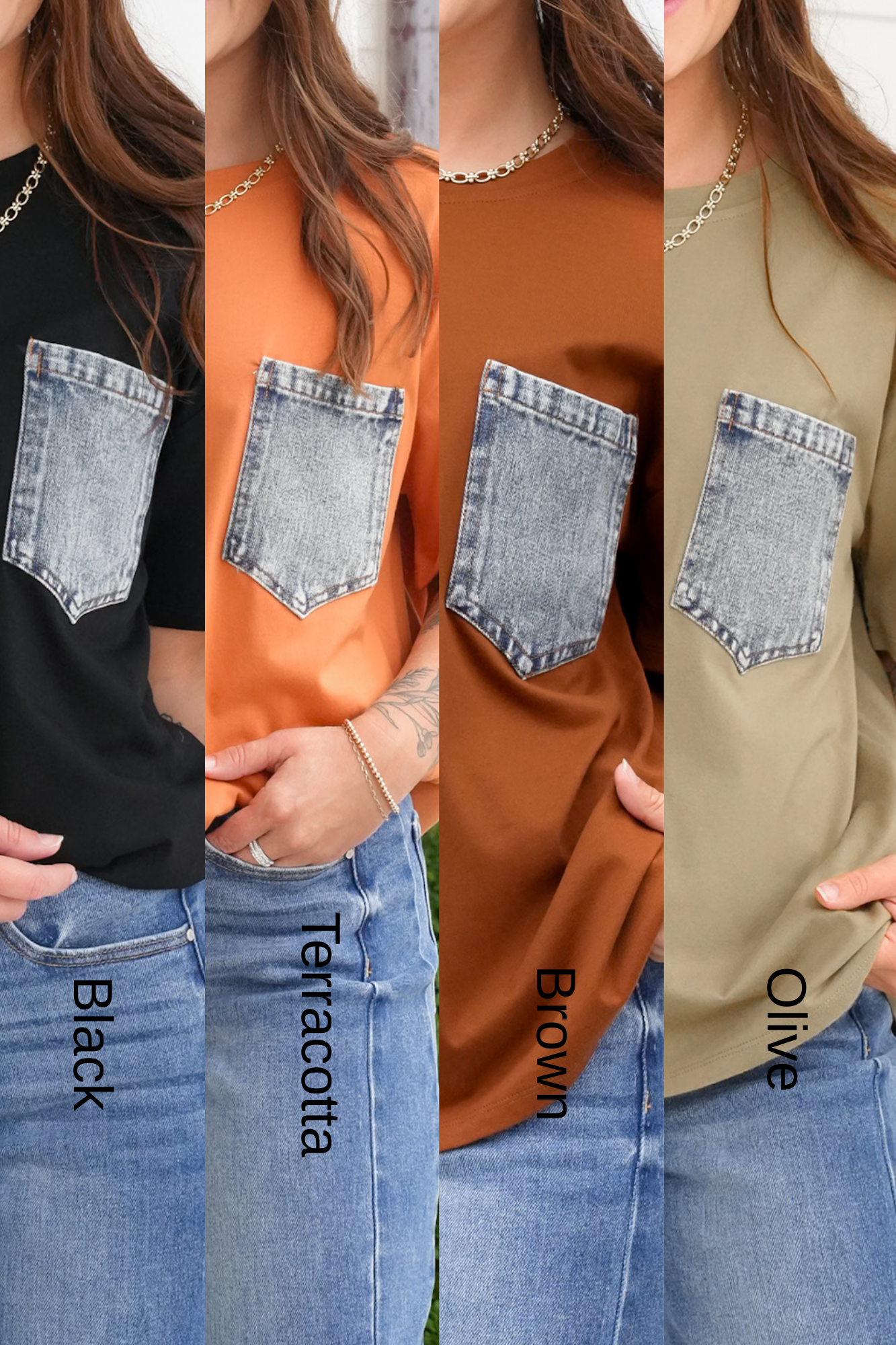 Plus/Reg Short Sleeve Crew Neck Top with Denim Pocket
