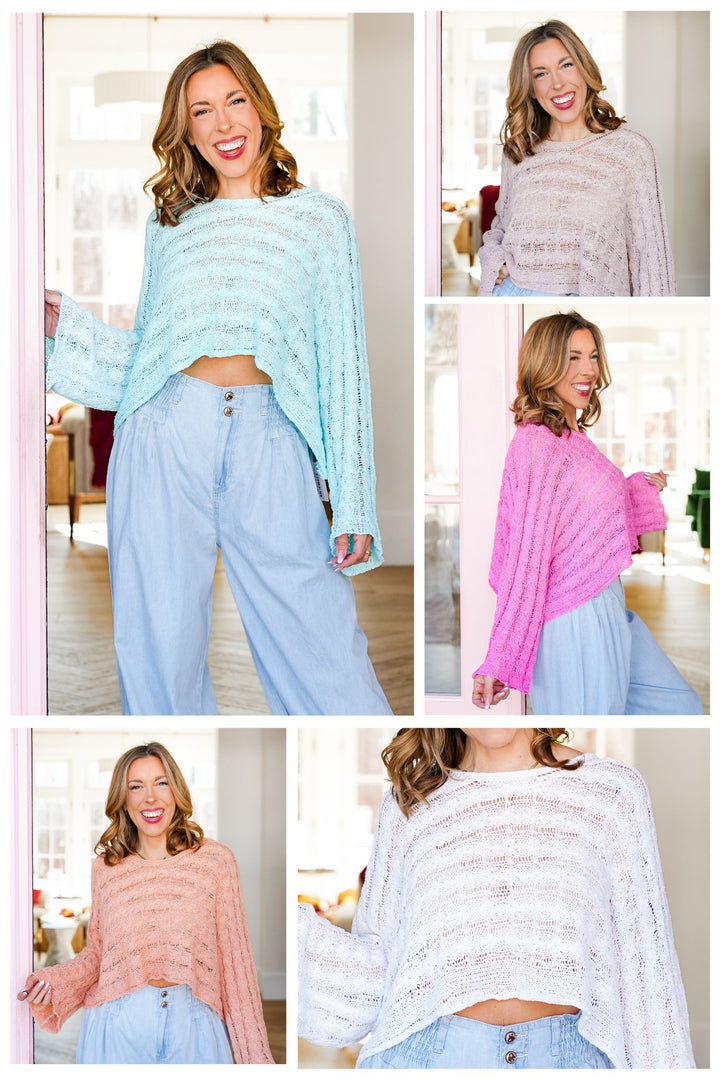 POL Cable Knit Long Sleeve Round Neck Cropped Sweater