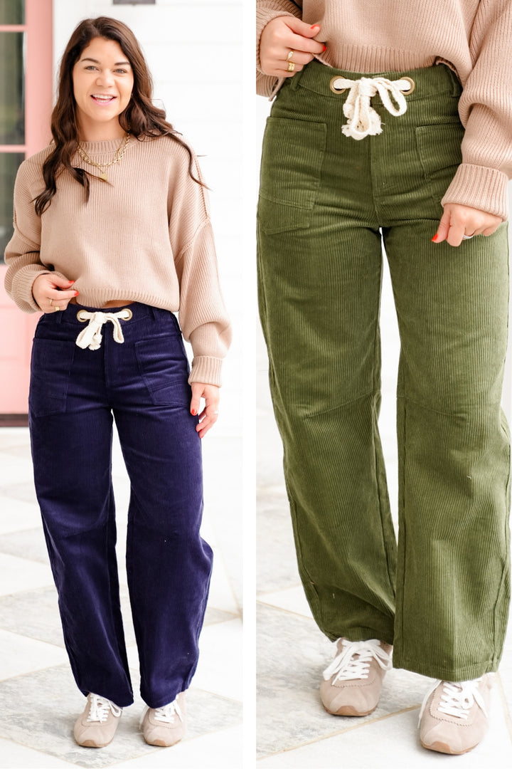 Corduroy Tie Waist Barrel Pants