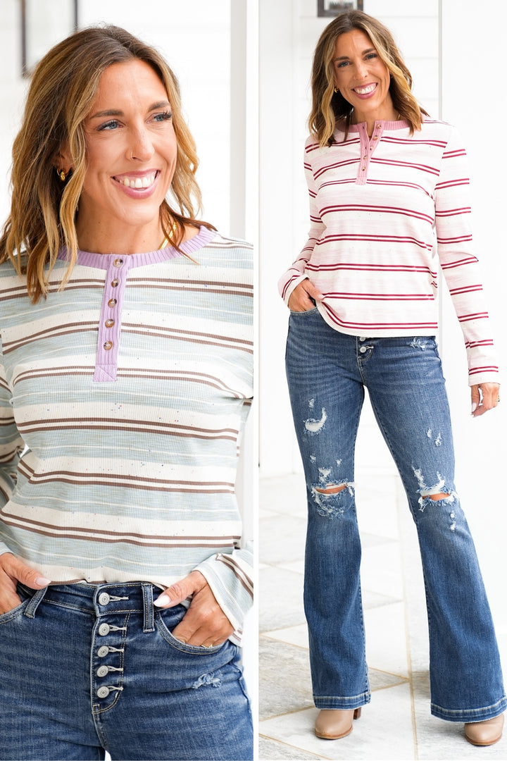 Knit Stripe Long Sleeve Top with Henley Neck
