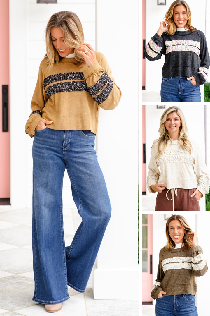 POL Mineral Wash Long Sleeve Round Neck Top