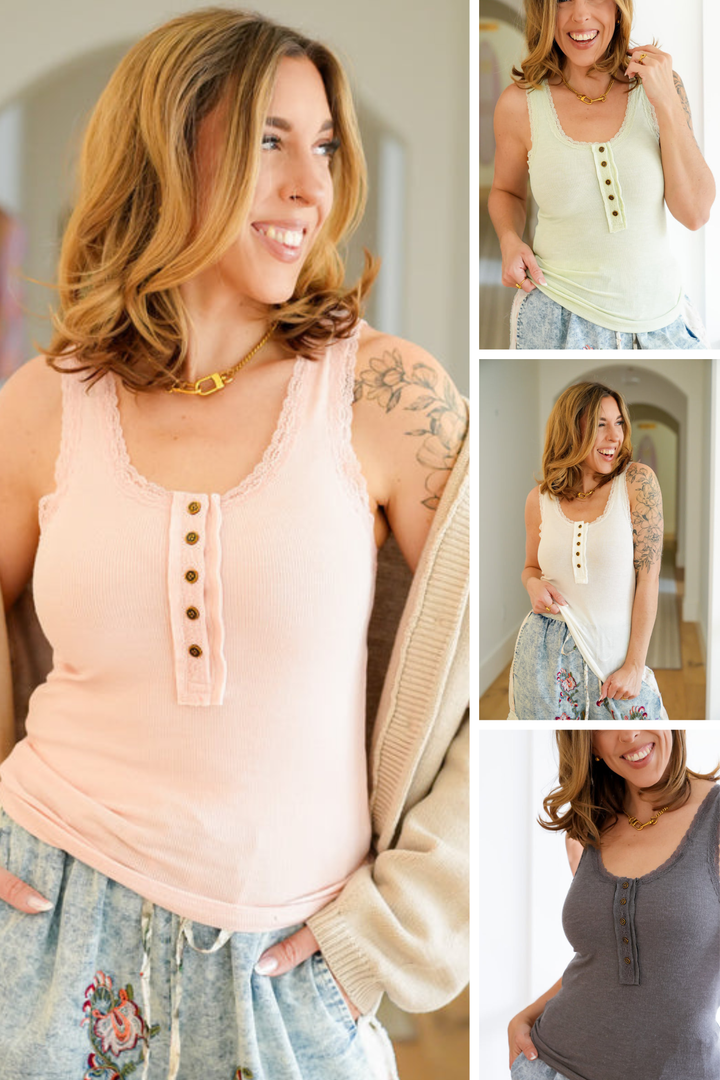 POL Ribbed Sleeveless Tank Top with Lace Trim