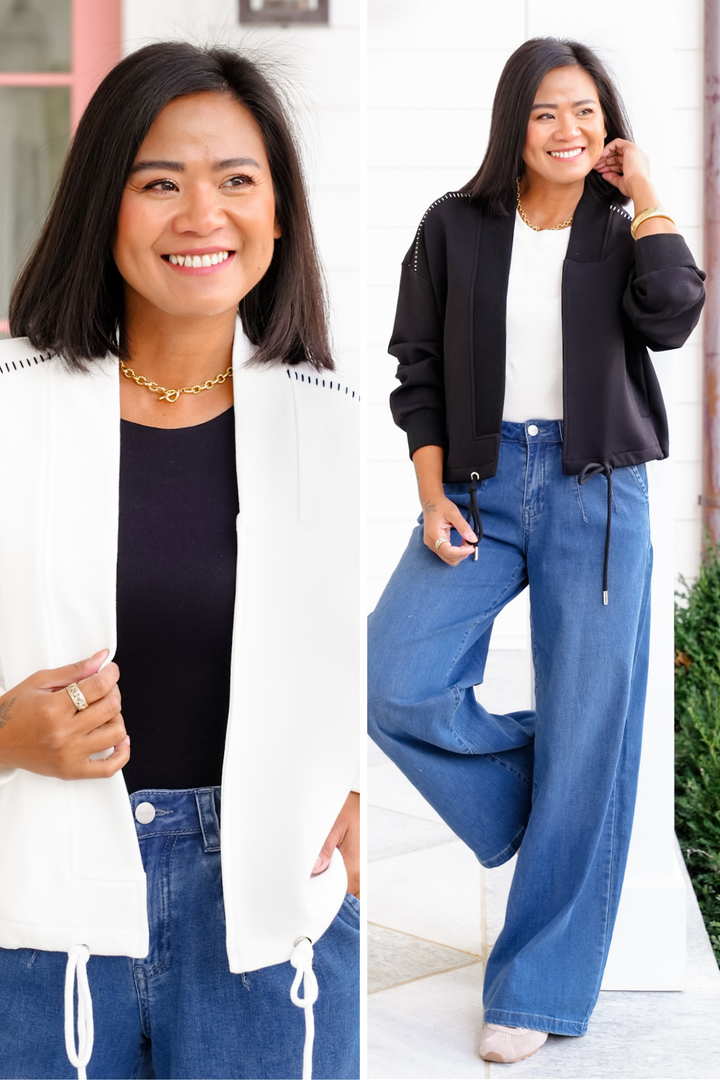 Plus/Reg Long Sleeve Open Front Jacket with Stitching