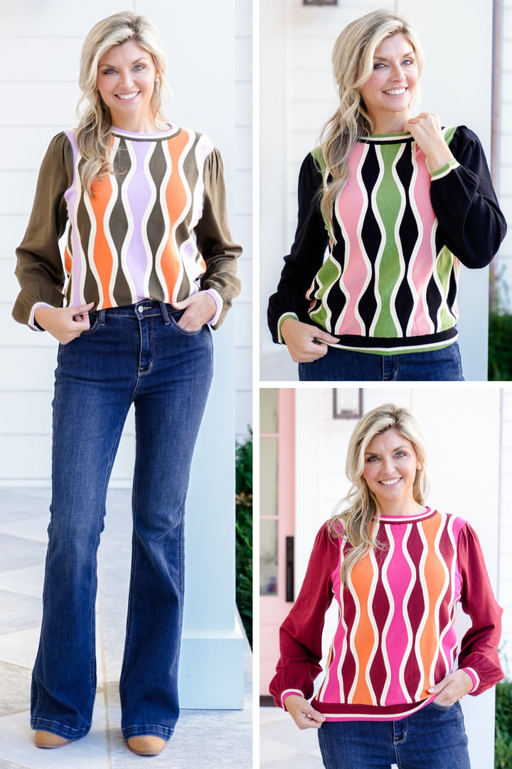 Wavy Color Block Long Sleeve Pullover Sweater