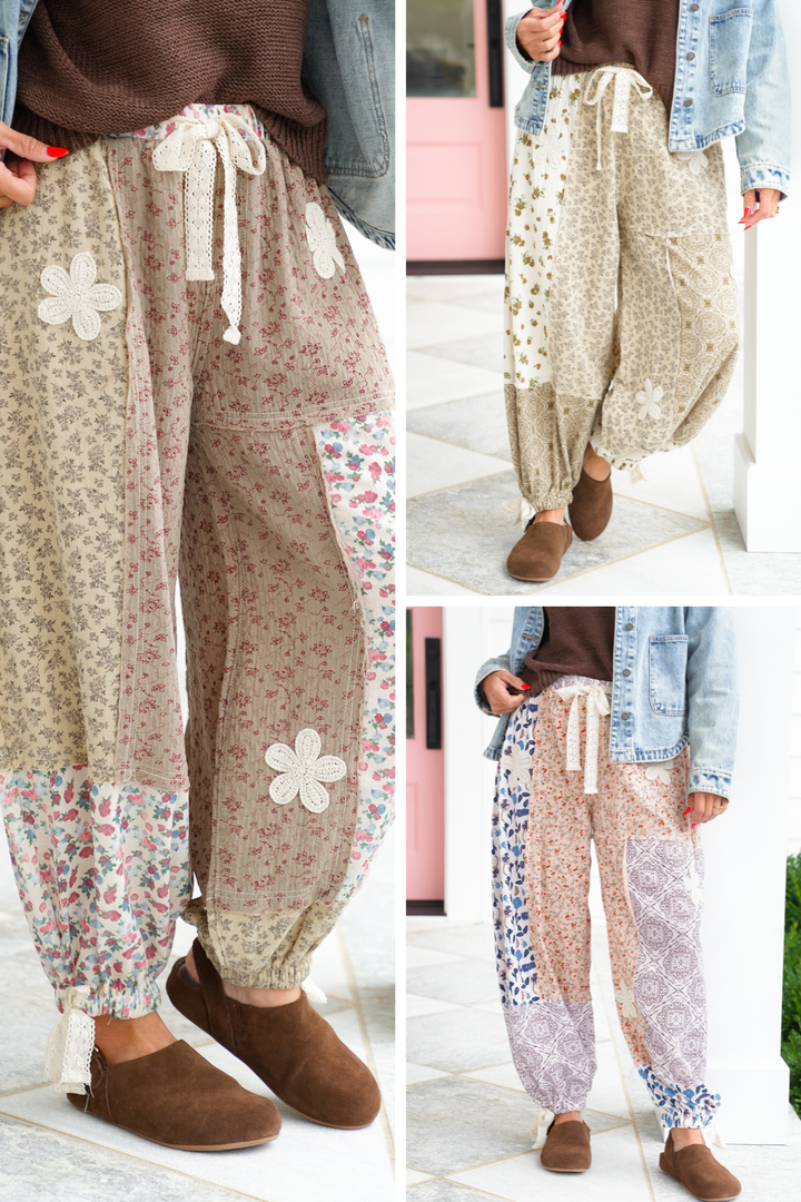 POL Floral Patchwork Elastic Waist Woven Pants