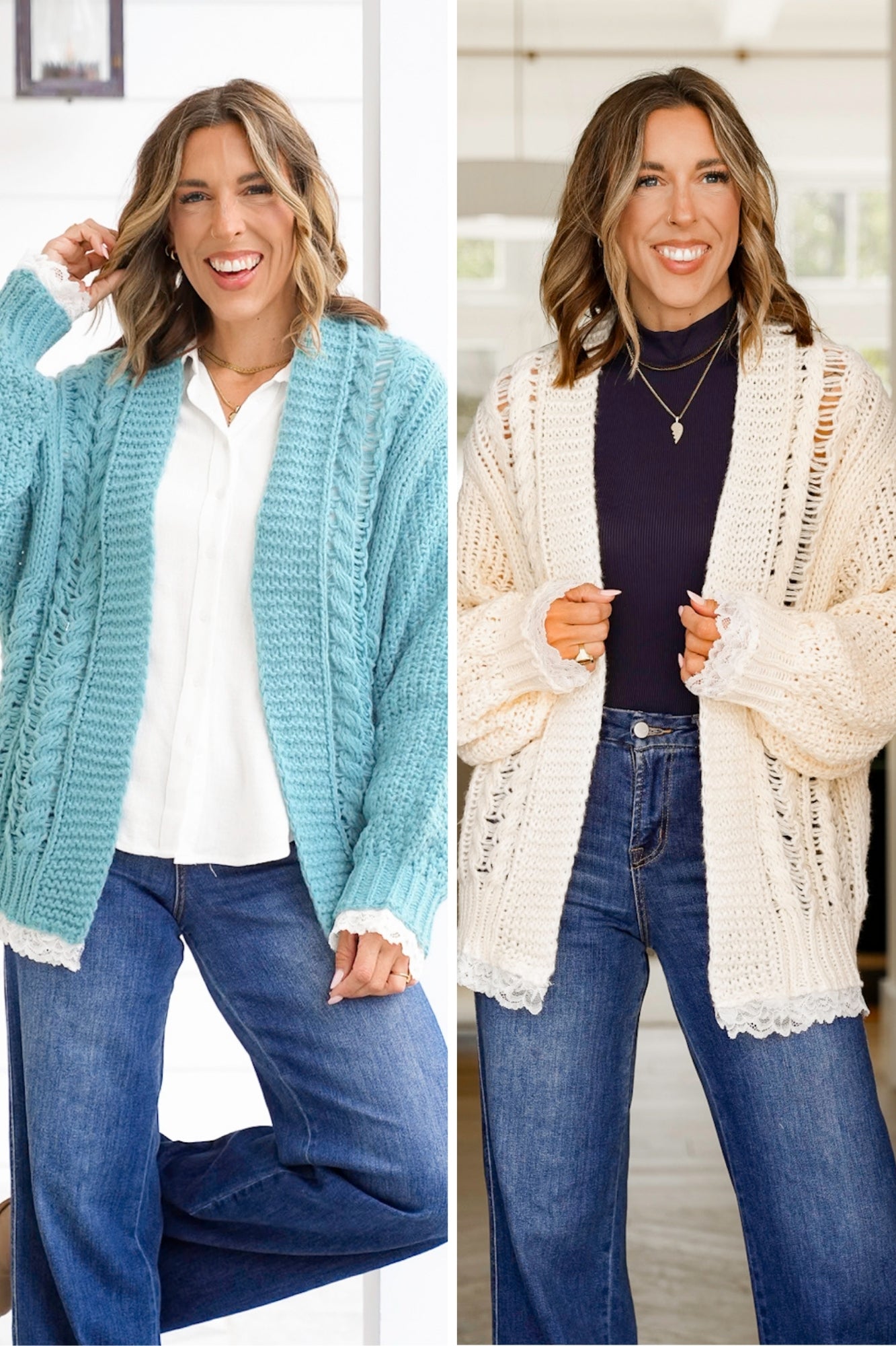 POL Knit Long Sleeve Open Cardigan with Lace Trim