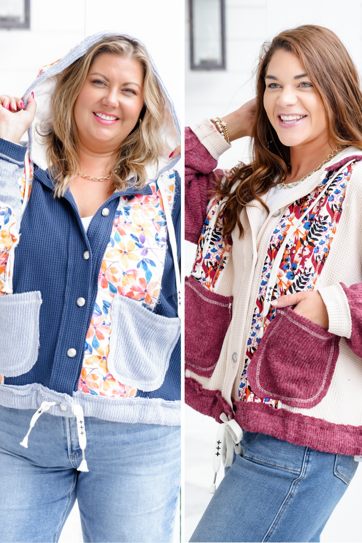 POL Floral Print Long Sleeve Button Up Hoodie Jacket