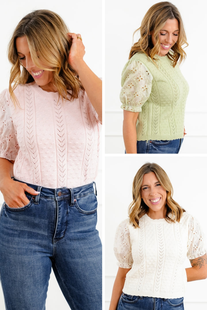 Eyelet Puff Sleeve Knit Top