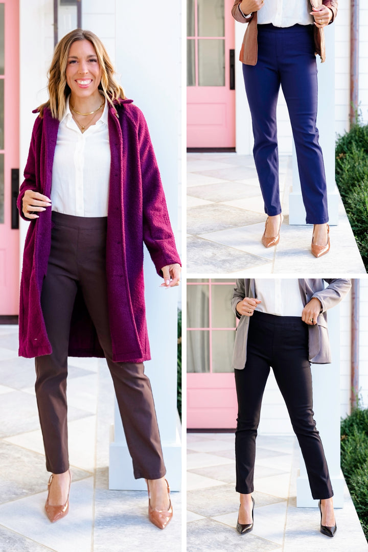Solid Elastic Waist Twill Pull On Pants