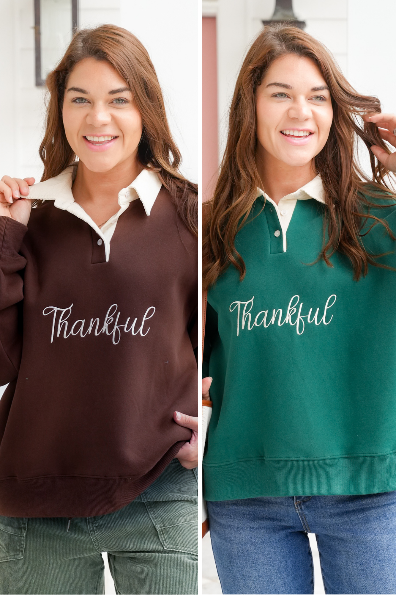 Long Sleeve Embroidered "Thankful" Collared Sweatshirt