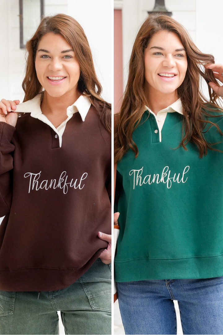 Long Sleeve Embroidered "Thankful" Collared Sweatshirt
