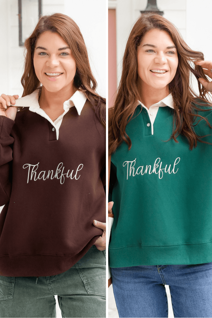 Long Sleeve Embroidered "Thankful" Collared Sweatshirt - Freckled Poppy