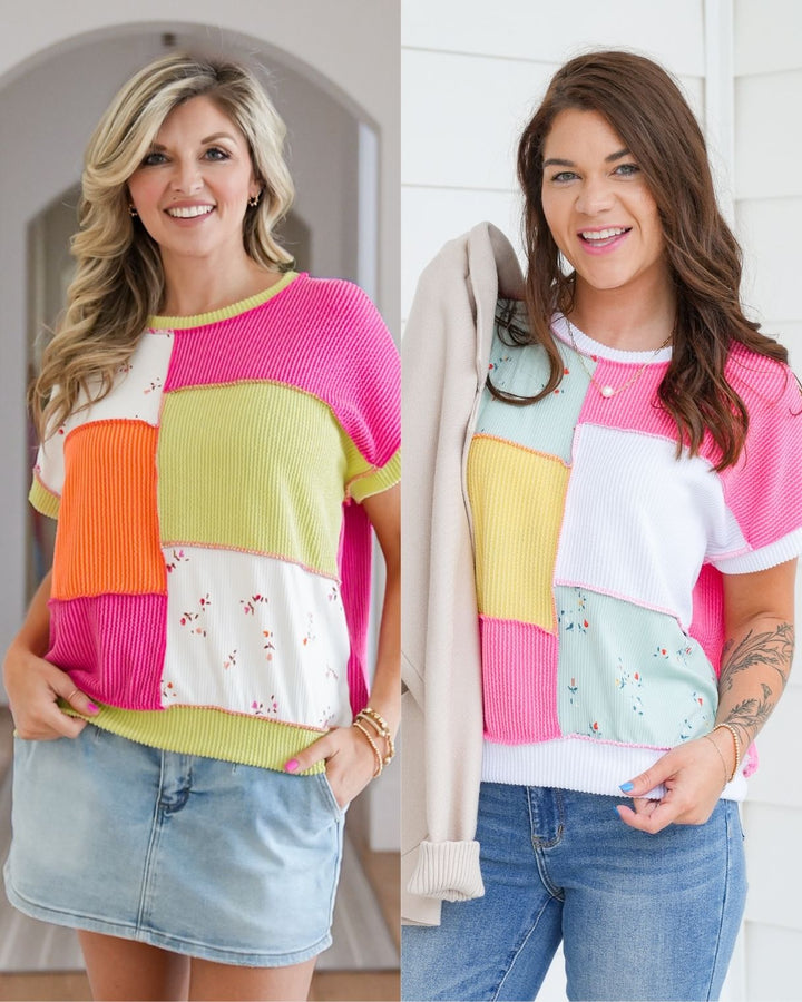 Plus/Reg Urban Ribbed Color Block Short Sleeve Top with Floral Detail