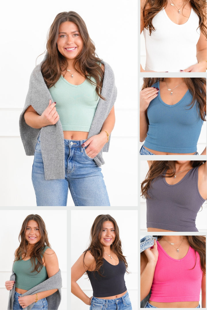 Ribbed Knit U/V Neck Cropped Tank Top - More Colors!
