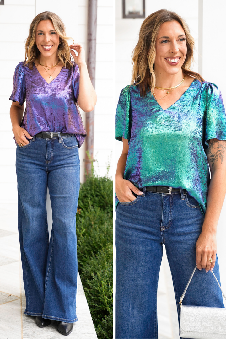 Plus/Reg Metallic Short Ruffle Sleeve V Neck Top