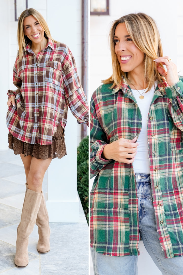 Plus/Reg Plaid Mineral Wash Long Sleeve Button Down Top