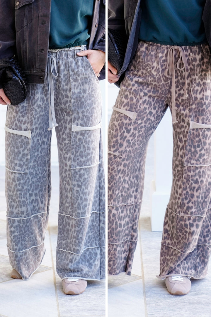 Mineral Washed Elastic Waist Leopard Print Wide Leg Pants