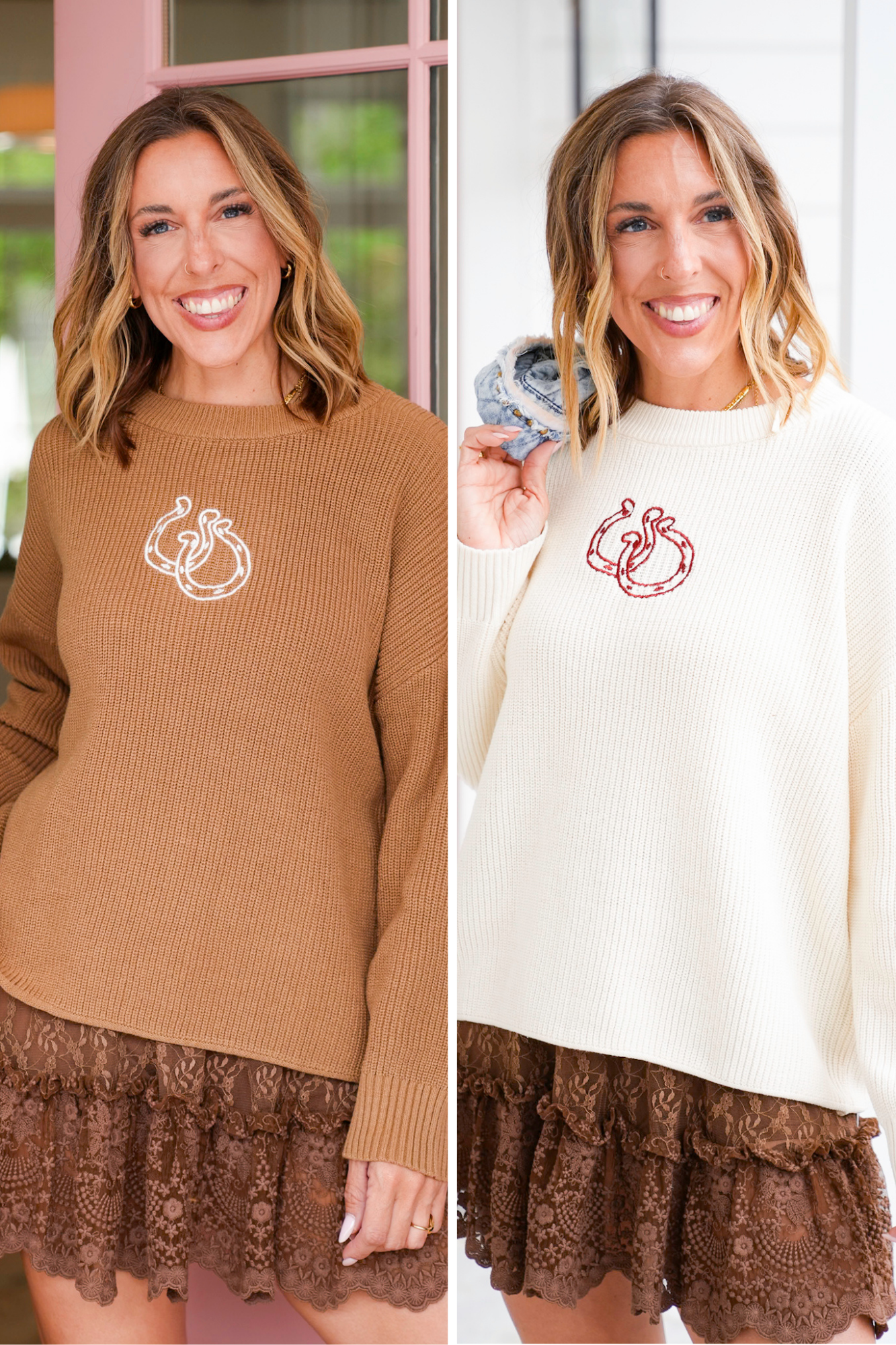 Ribbed Knit Long Sleeve Embroidered Double Horseshoe Sweater