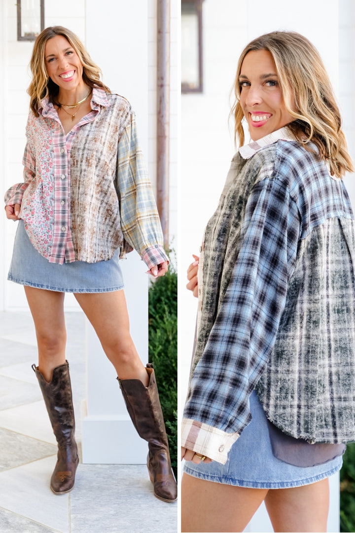 POL Plaid Long Sleeve Button Down Top