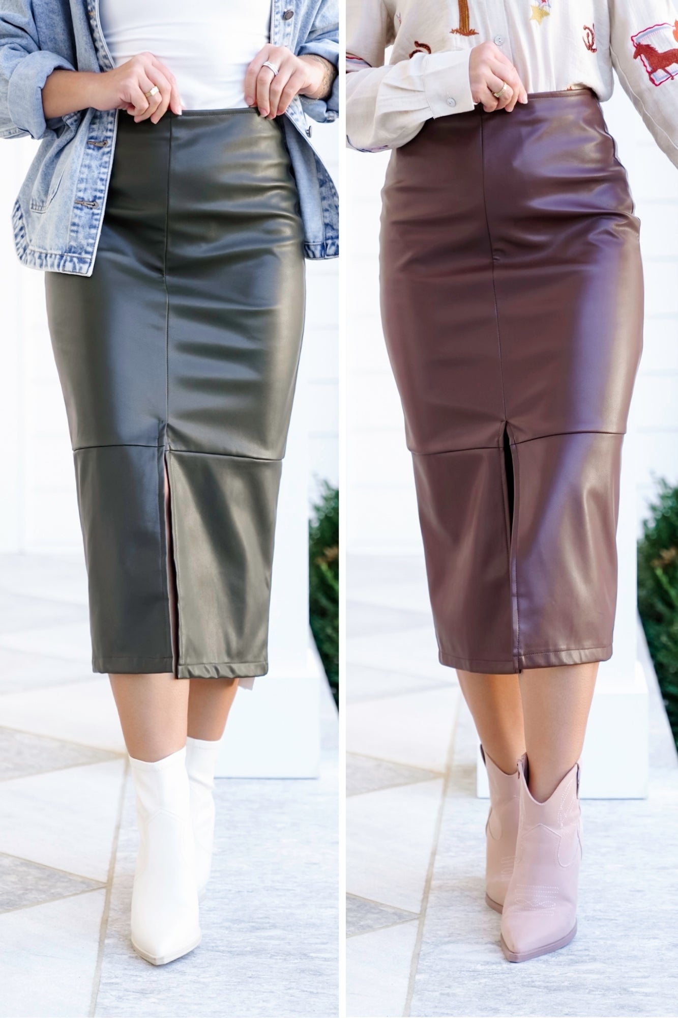 Vegan Leather Pencil Midi Skirt with Front Slit