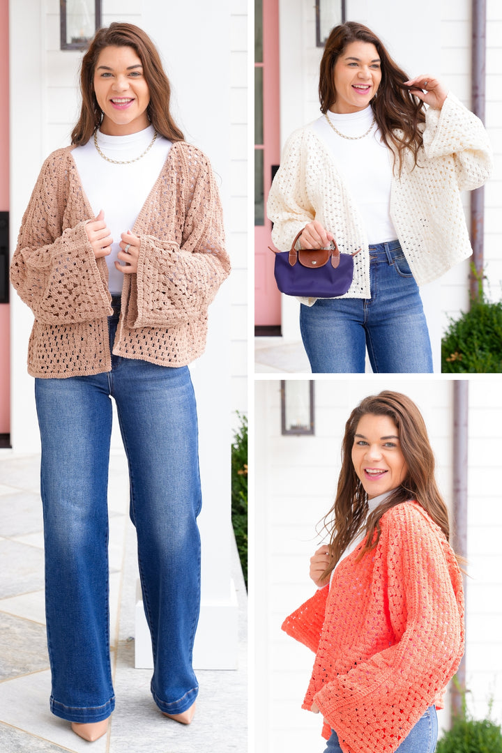 POL Crochet Long Sleeve Open Cardigan Sweater