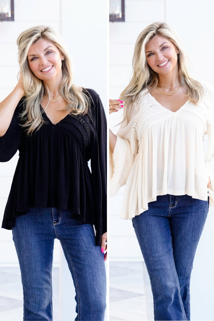 POL Solid Long Sleeve V Neck Ruffle Blouse