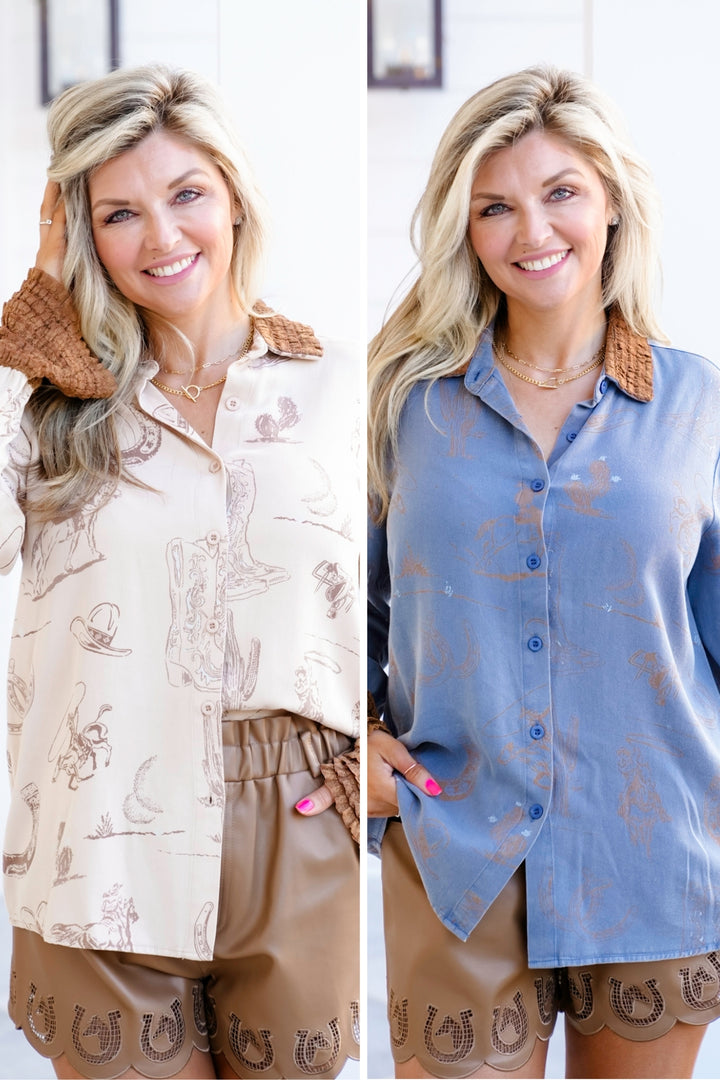 Western Print Long Sleeve Button Down Top with Ruffle Cuffs