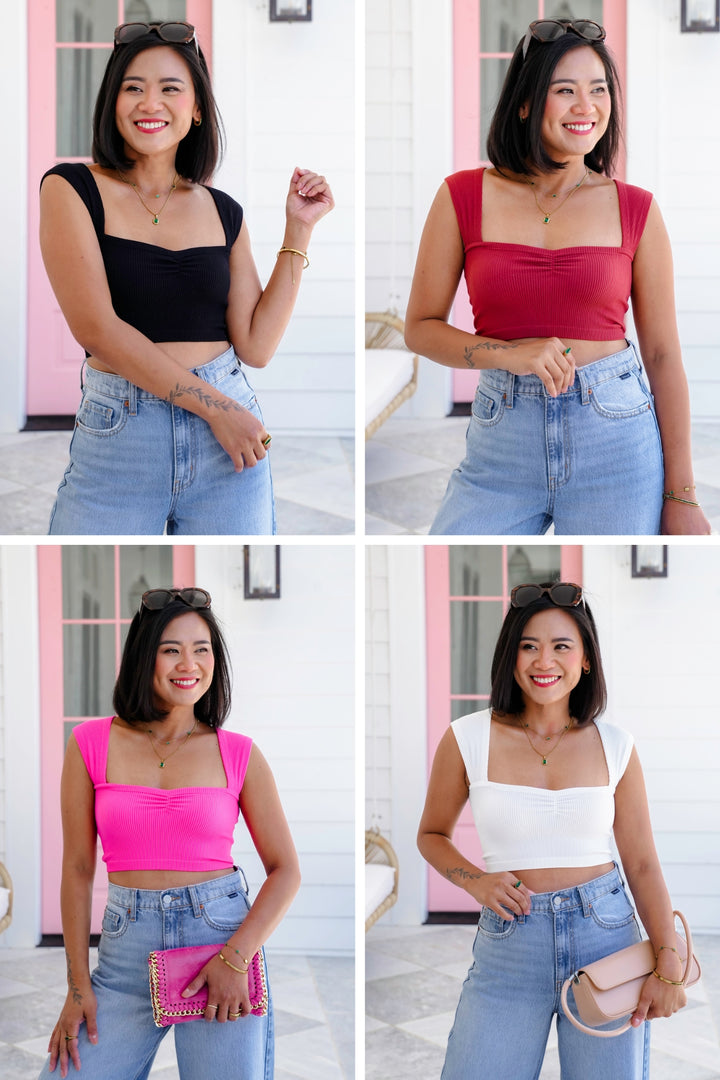 Ribbed Knit Sleeveless Sweetheart Neck Cropped Top