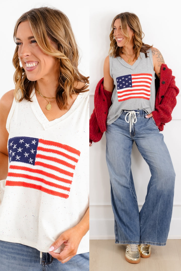 POL American Flag Patchwork Sleeveless V Neck Tank Top