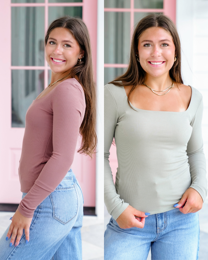 Ribbed Knit Long Sleeve Square Neck Top