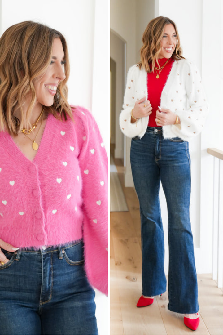 Balloon Long Sleeve Heart Embroidered Cardigan