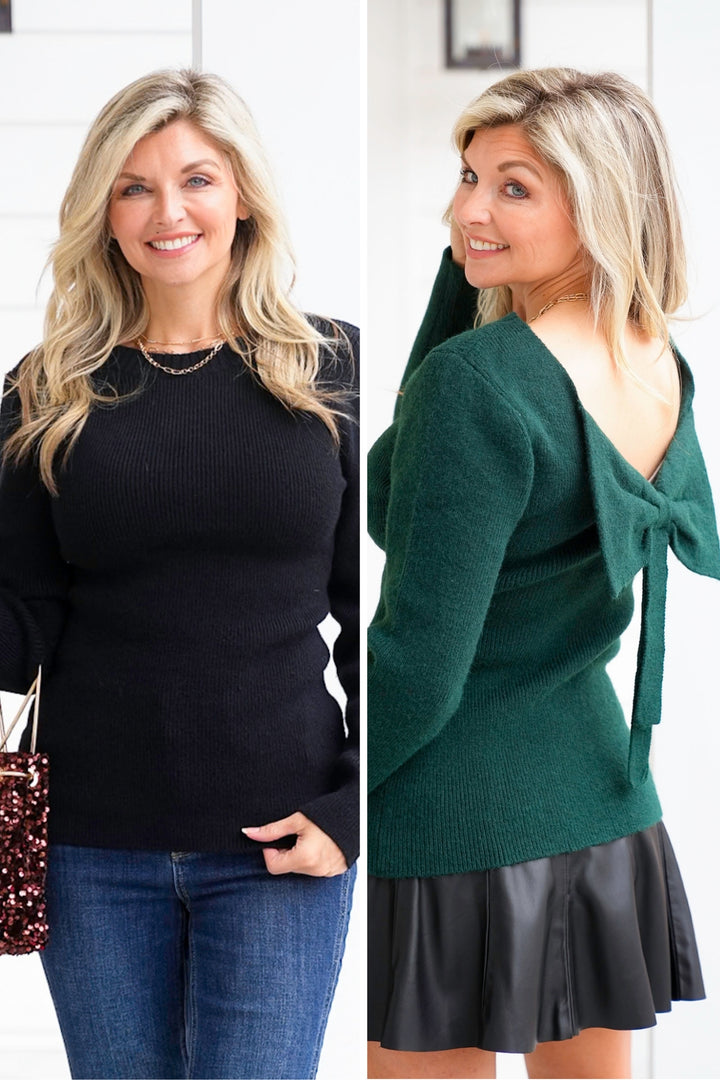 Plus/Reg Solid Long Sleeve Sweater with Back Bow