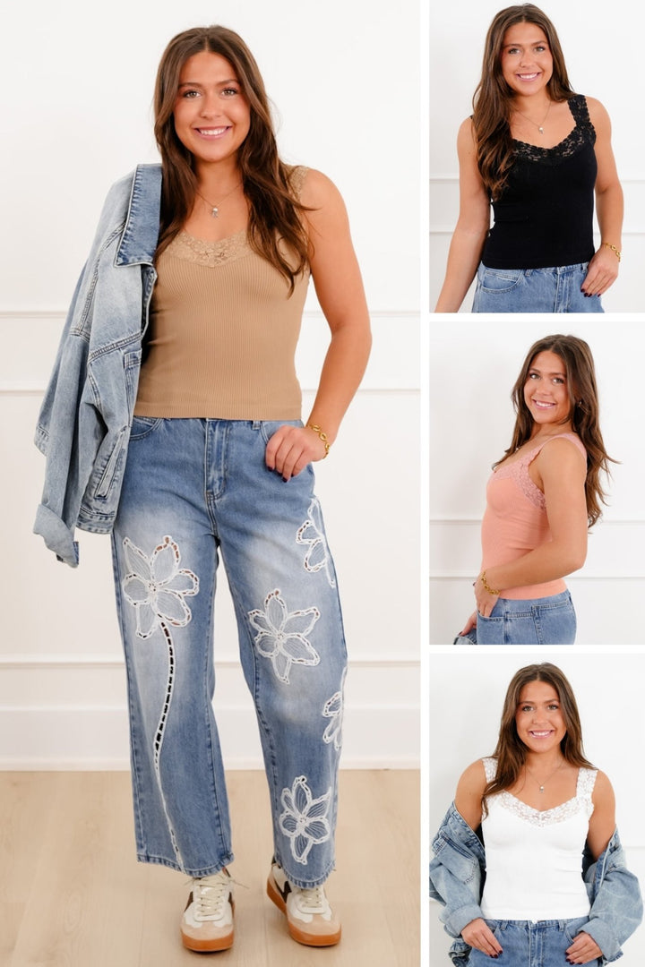 Ribbed Knit Tank Top with Lace - Freckled Poppy