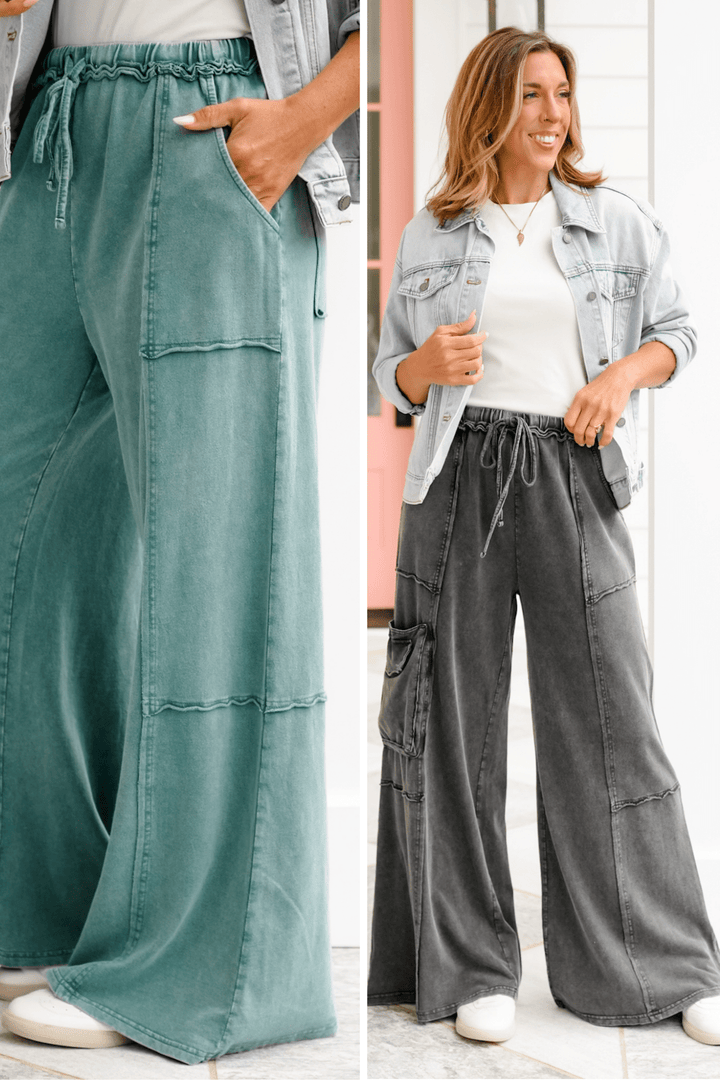 Mineral Wash Elastic Waist Pants with Cargo Pockets - Freckled Poppy