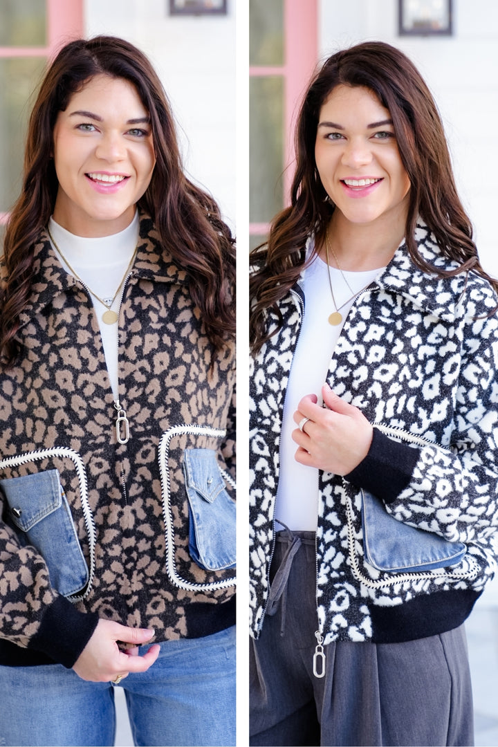 Leopard Long Sleeve Zip Up Jacket with Patch Pockets