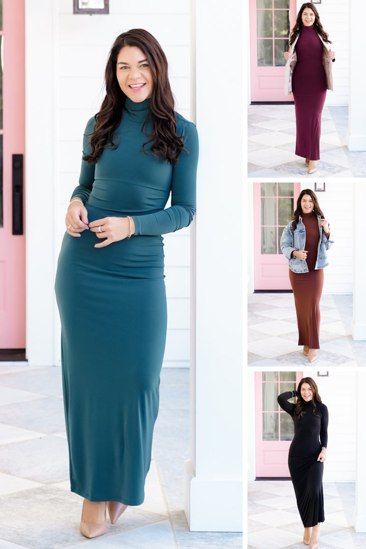 Solid Long Sleeve Turtleneck Maxi Dress
