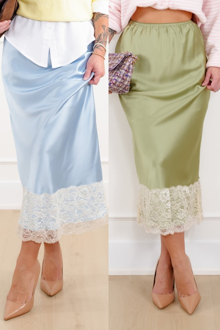 Satin Elastic Waist Midi Skirt with Lace Trim - Freckled Poppy