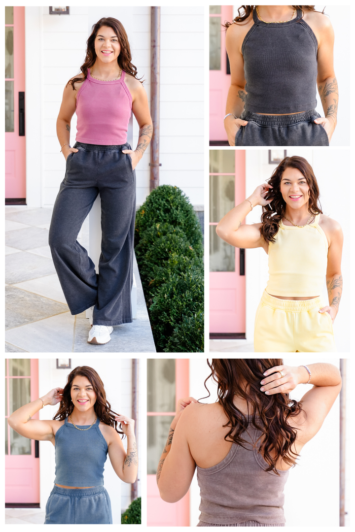 Mineral Wash Ribbed Halter Tank Top