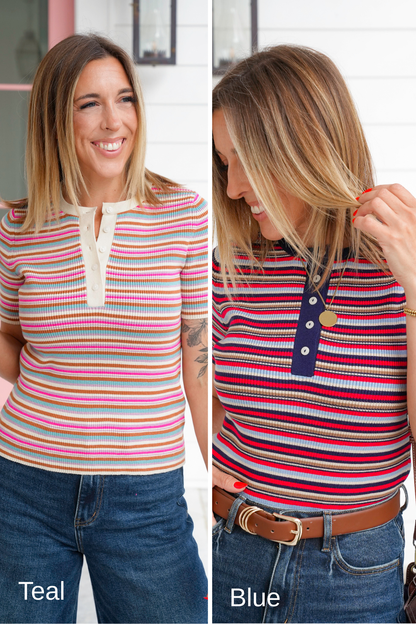 Multi Striped Button Up Short Sleeve Top