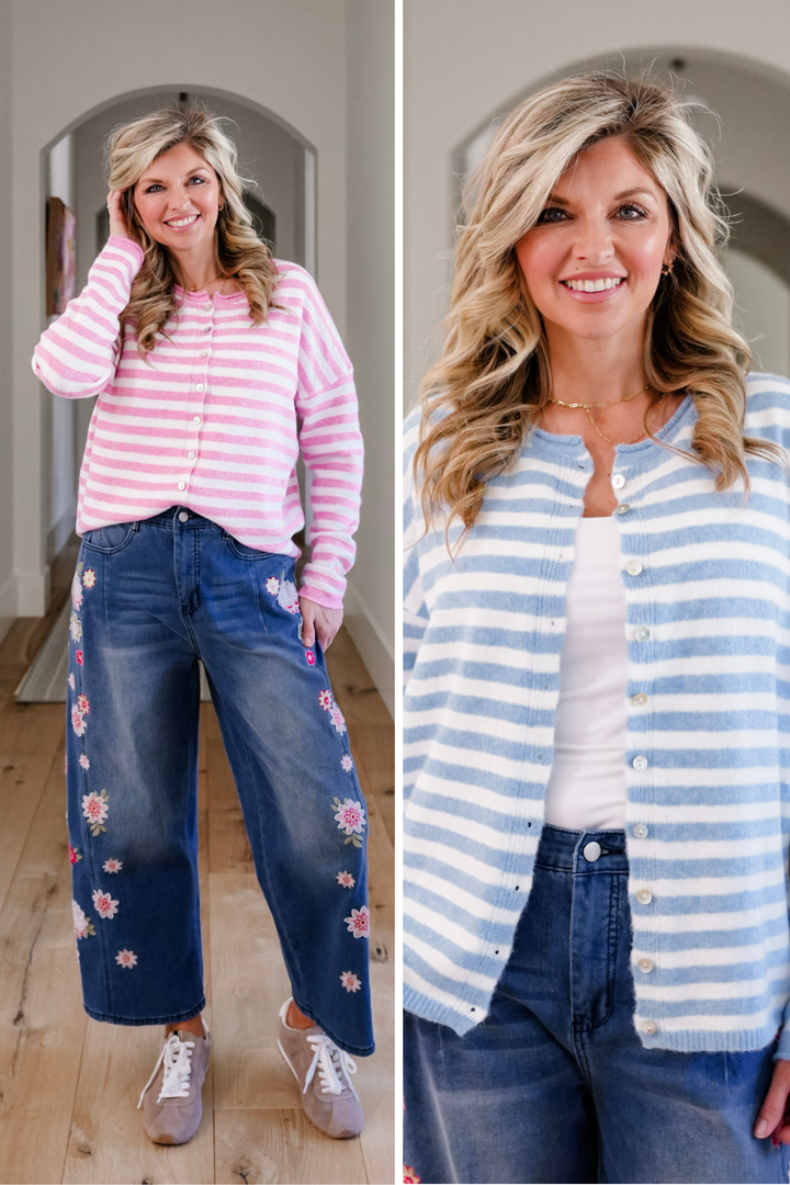 Stripe Long Sleeve Button Down Sweater Cardigan