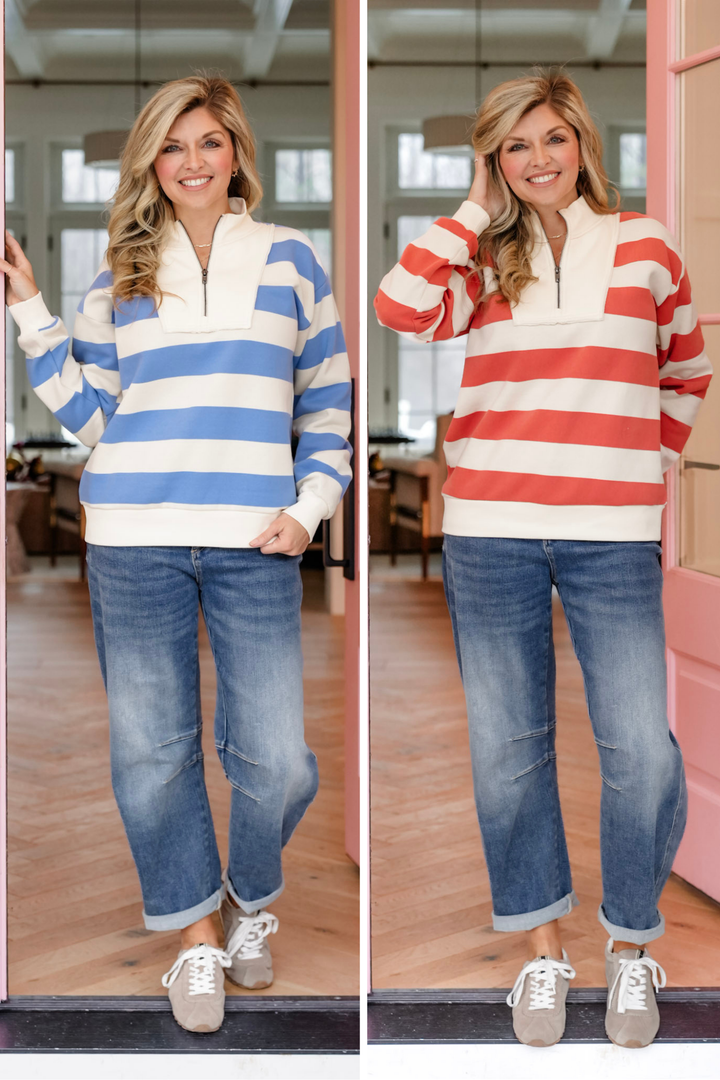 Wide Stripe Long Sleeve Half Zip Up Sweatshirt
