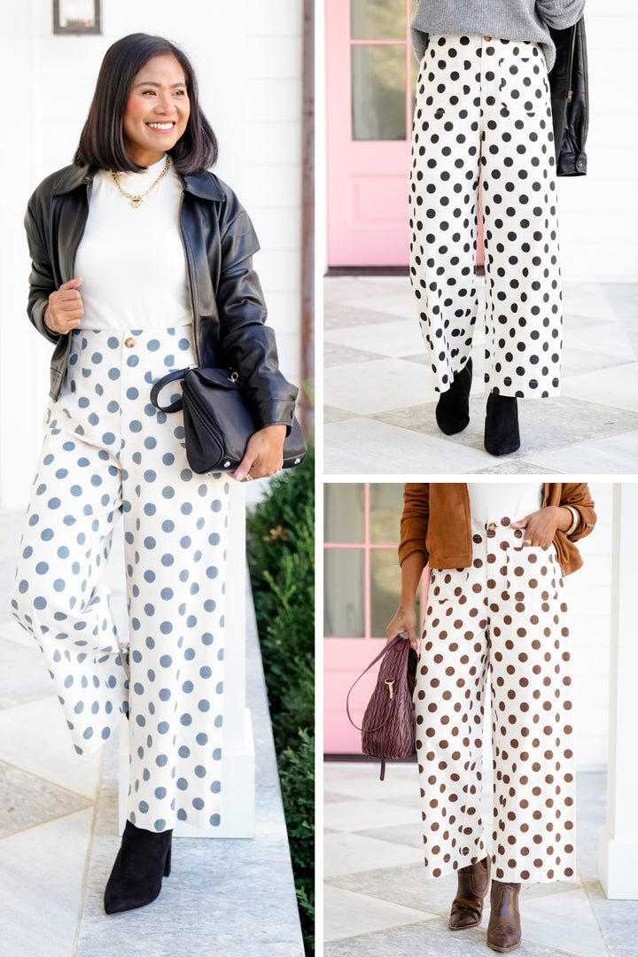 Polka Dot Print Elastic Back Wide Leg Pants