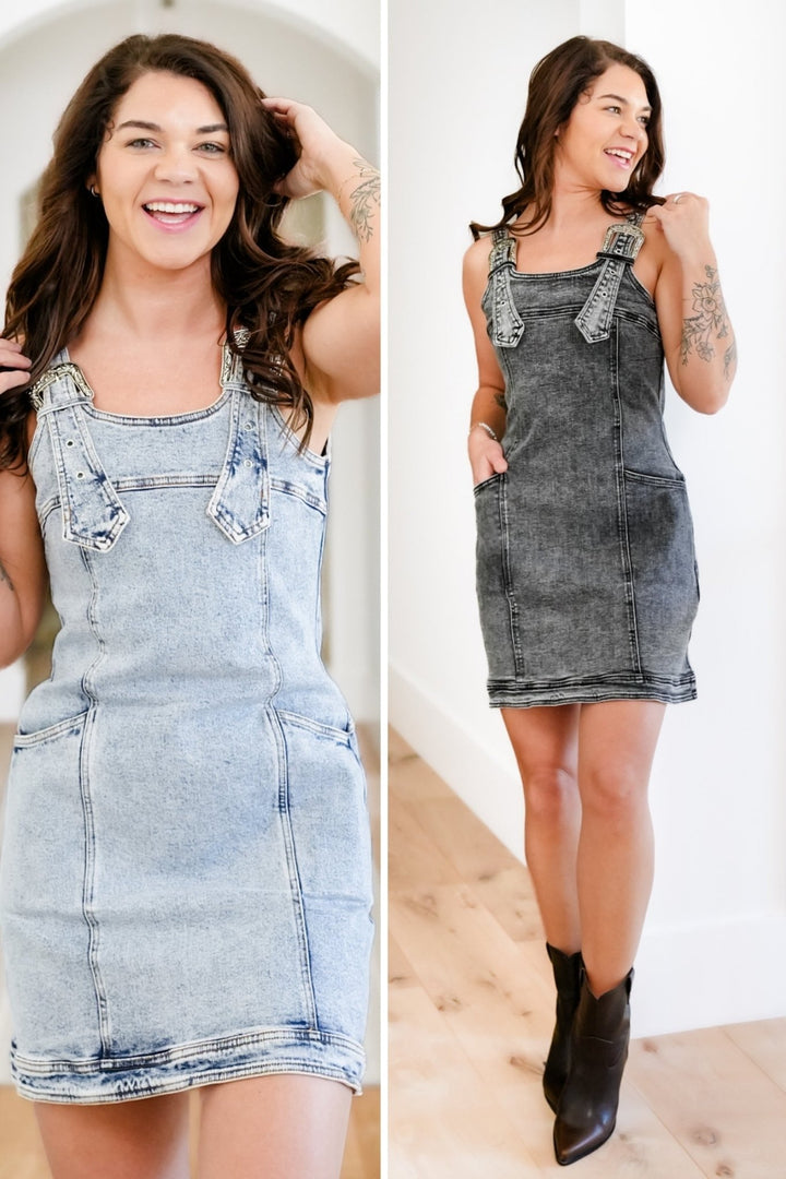 Acid Wash Sleeveless Mini Dress with Buckle Straps - Freckled Poppy