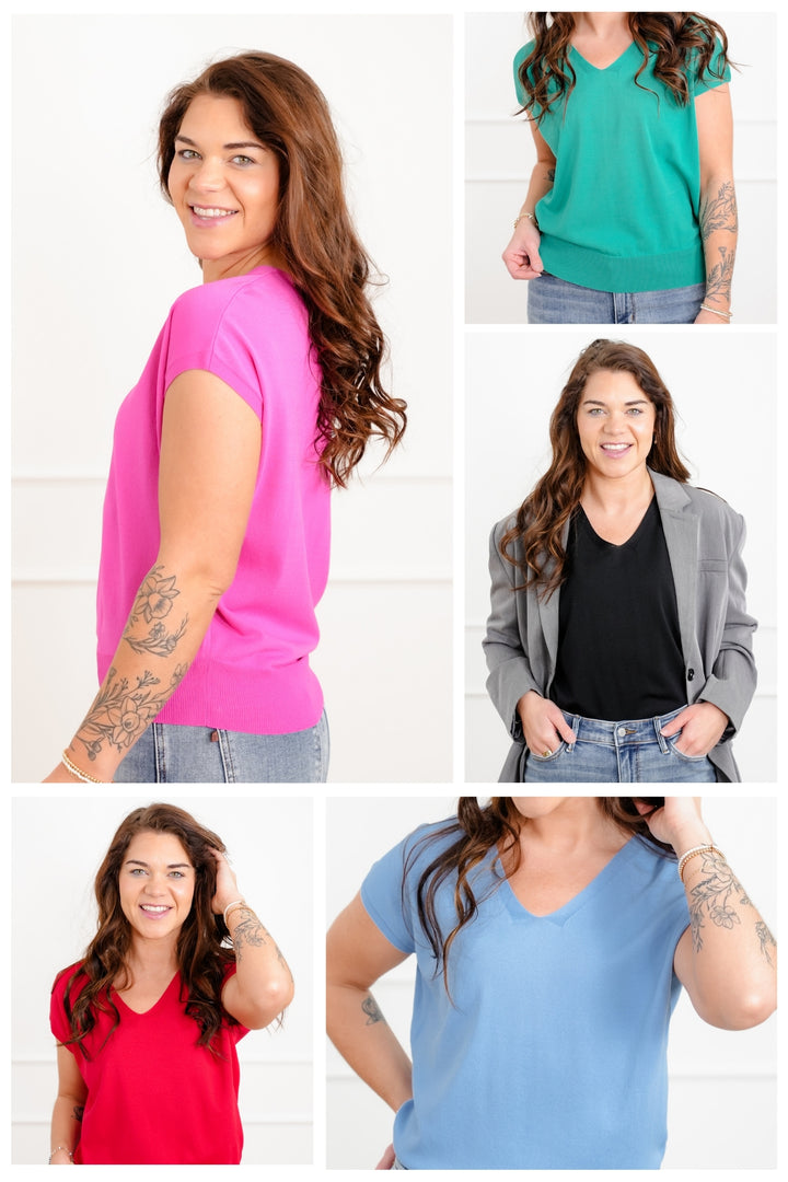 Plus/Reg Solid Short Sleeve Top with Wide Band Hem