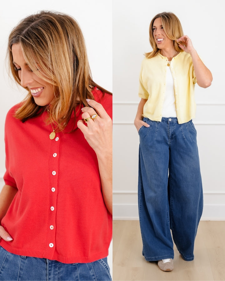 Solid Short Sleeve Button Down Cardigan