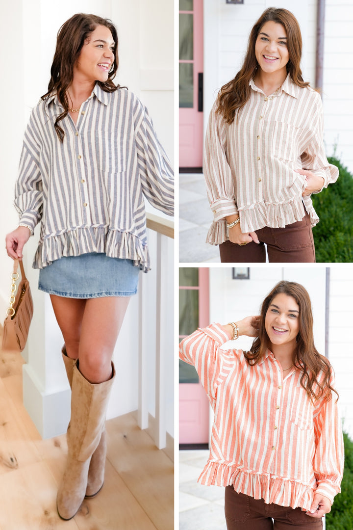 Striped 3/4 Sleeve Button Down Ruffle Top